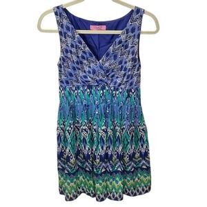 Eliza J New York Dress Blue Green White Sleeveless‎ Print Casual